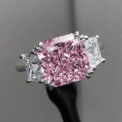 New Square Pink Kunzite Ice Flower Cut Gemstone Luxury Women Girl Silver Ring - Image 1 of 4