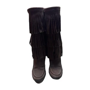 Ralph Lauren Suede Fringe Boots size 7.5 medium brown high heel designer - Picture 1 of 7