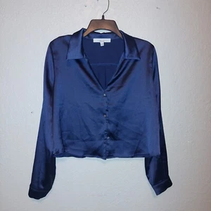 Sweet Rain Crop Button Down Navy Blue Blouse Bling Buttons. Holiday Christmas  - Picture 1 of 6