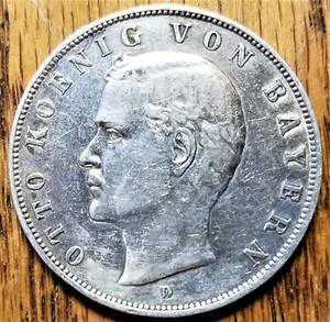 Moneda de plata muy fina de 3 marcos de Baviera de los Estados alemanes 1908-D - Imagen 1 de 2