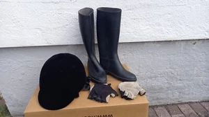 Reithelm (Samt), Reitstiefel aus Gummi, Gr. 34, Reithandschuhe - Bild 1 von 1