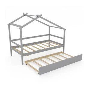 Twin Size Children Floor Wooden Slat House Bed Frame Bedroom w/Trundle and Roof - Picture 1 of 10