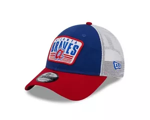 Atlanta Braves Blue New Era Patch Trucker Mesh 9Forty Snap back hat - Picture 1 of 7