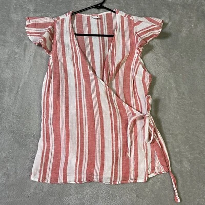 Old Navy Top Womens Medium Red White Striped Wrap Top Linen Cotton Cap Sleeve - Image 1 of 4