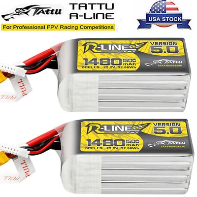 2X Tattu R-Line Version 5.0 1480mAh 150C 22.2V 6S Lipo Battery XT60 Plug For FPV - Image 1 of 4