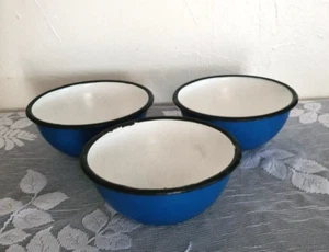 Set of 3 Blue Huta Silesia Poland Mid 20th Century Enameled Size 14 Bowls 6" - Picture 1 of 5