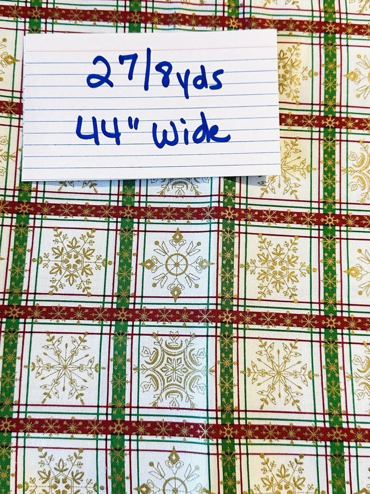 Christmas Cotton Fabric By Fabri—Quilt Gold Snowflakes In Red Green Squares - Image 1 of 4
