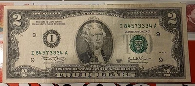 $2 Bill with rare Angel # 333 Serial I84573334A circulated  - Image 1 of 2