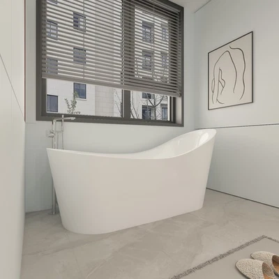 Bañera Independiente Blanca 55"", Acrílico Individual Zapatilla Bañera, Drenaje Izquierdo Foto 1 de 3