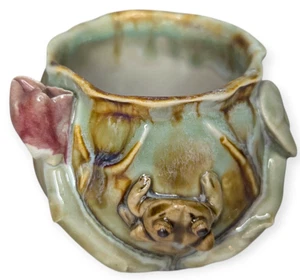 Vintage Signed Majolica Frog Small Ceramic Pot with Frog & Water Lily - Picture 1 of 10