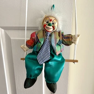 Circus Clown String Marionette Puppet on Swing Porcelain Head 17" Vintage - Picture 1 of 5