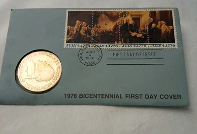 Estampillas en sobre y medalla del primer día del bicentenario 1976 con Thomas Jefferson Foto 1 de 4