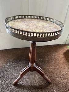 Antique Marble Top Wine Table - Louis XVI Style - Brass Edge/Wooden Tripod Base - Picture 1 of 18