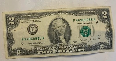 2 dollar bill 1995 series F 44960985 A  RARE GOOD CONDITION - Image 1 of 2