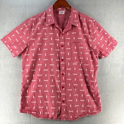 Coca Cola Mens Button Up Shirt Large Red Logo Cotton All Over Print Vintage - Image 1 of 4