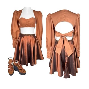 Hanifa Kayla Bustier Long Sleeve Crop Top Princess Poof Sleeves Brown NWT 2XS - Picture 1 of 10
