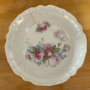 RCW Baravian Iridescent Sheen Vintage Serving Bowl Roses w/Green & Blue 9.5" - Picture 1 of 9