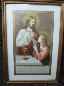 An Antique 1930 Framed  Religious Print  Titled ''Souvenir of First Communion'' - Picture 1 of 7