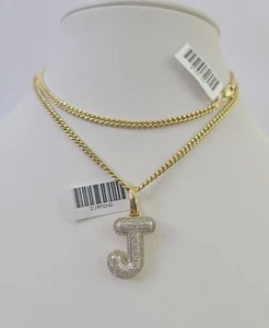 Real 10k Gold Necklace Chain Diamond J Alphabet Charm SET 3mm Miami Cuban Link - Picture 1 of 10