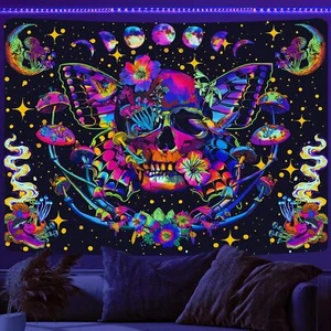 Blacklight Skull Tapestry for Bedroom, UV Reactive Mushroom Butterfly Tapestr... - Picture 1 of 7
