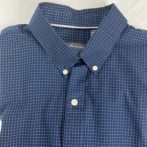 Van Heusen Mens Navy Blue Classic Fit Plaid Short Sleeve Button Down Shirt Sz L - Picture 1 of 5