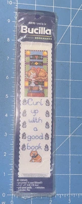 Bucilla Bookmark Kit Pre-Printed #42192 Curled Up Cat Mice Books Quick & Easy - Image 1 of 4