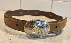 Nocona 12 Gauge Shotgun Shell Brown Leather Belt Size 28 Sliver Bucking Buckle - Picture 1 of 8