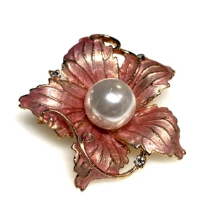 Vintage Brooch Jewellery Flower Pink Enamel Pearl Crystal Gold Metal 20.34g - Picture 1 of 6