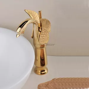 Tall Golden Brass Swan Bathroom Basin Faucet Single Handle Vanity Sink Mixer Tap - Picture 1 of 3