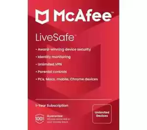 McAfee LiveSafe 2025 Antivirus Unlimited PC Devices 1 Year (CARD BY POST) - Picture 1 of 4