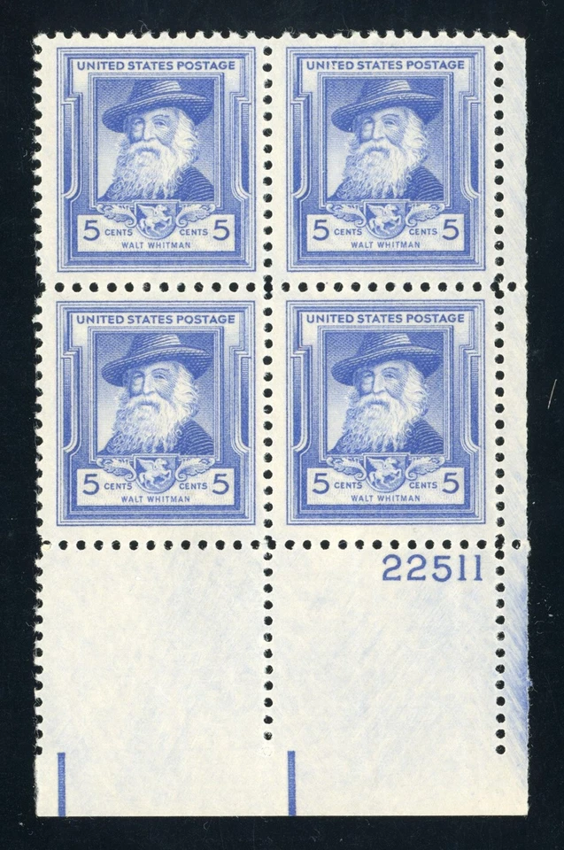 US Stamp #867 Walt Whitman 5c - Plate Block of 4 - MNH - SMQ $8.50 - Image 1 of 1
