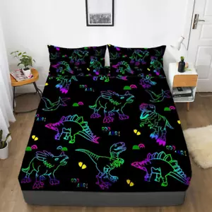 Dinosaurs Bed Sheets Queen Size for Boys 3D Colorful Jurassic Dinosaur Fitted Sh - Picture 1 of 6