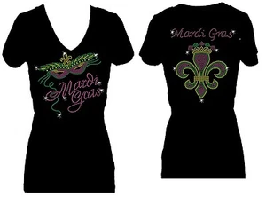 CAMISETA DE MANGA CORTA MARDI GRAS FLOR DE LIS RHINESTONE PARTY LOVE CUELLO EN V - Imagen 1 de 4