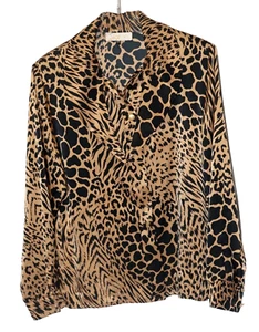 Vintage New Cheetah Print Silky Button Front Long Sleeve Wrap Tie Neck Blouse 42 - Picture 1 of 18