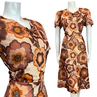 ВИНТАЖНЫЙ 60-х 70-х коричневый кремовый оранжевый цветочный DAISY MOD качели платье 16 - Изображение 1 из 4