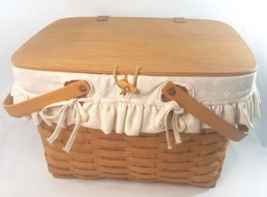 VTG 1997 Longaberger Large Picnic Basket With Table Plastic Fabric Liner Insert - Picture 1 of 17