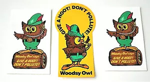 Set Of 3 Woodsy The Owl Give A Hoot Don't Pollute! 1990s Stickers New NOS - Picture 1 of 3