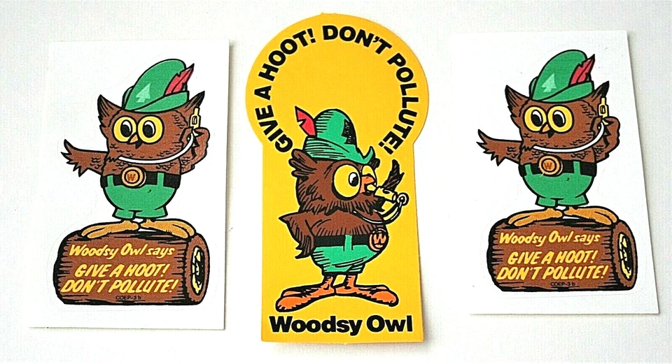 Juego de 3 Woodsy The Owl Give A Hoot Don't Contalute! Pegatinas años 90 nuevas NOS Foto 1 de 3