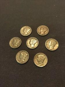 7 X USA 10 Cents 1920 1941 1942 1943 1945 P D WW2 Silver Mercury Head Dime Lot - Picture 1 of 8