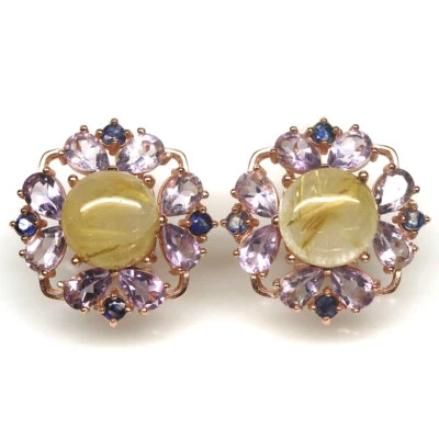 Pendientes de cuarzo, amatista y zafiro rutilo sin calentar de plata de ley 925 Foto 1 de 4