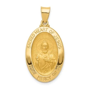 14k Yellow Gold Polished and Satin Sacred Heart of Jesus Medal Hollow Pendant - Picture 1 of 4