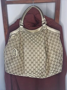 Gucci Sukey Leather Trim (champagne) Canvas Tote Bag GG - Picture 1 of 24