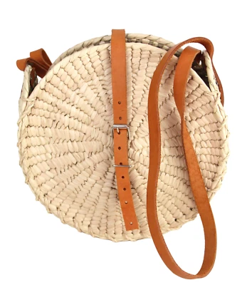 BOLSO DE HOMBRO X-BODY HECHO A MANO BEIGE NATURAL PAJA MARRÓN RIBETE CUERO REAL Foto 1 de 4