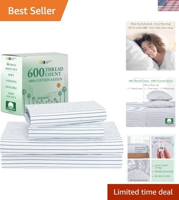 Juego de sábanas clásico a rayas azules tamaño completo - satén de algodón de lujo de 600 hilos Foto 1 de 4