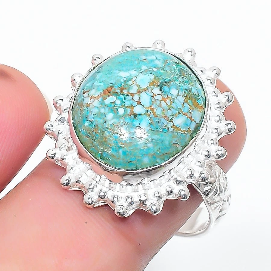 Anel de prata esterlina 925 feito à mão com pedra preciosa turquesa tibetana natural tamanho 8 (EUA) - Imagem 1 de 1