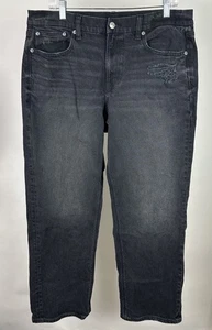 Pantalones de mezclilla rectos American Eagle curvilíneos para mujer 14 elásticos desgastados negros - Imagen 1 de 17