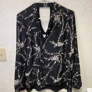 Women’s DR2 Black with Muted Grey/Pink Floral Size Medium Long Sleeve Blouse - Picture 1 of 12