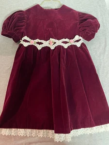 Vintage Girls Holiday Velvet Dress Primrose Pink 5T Lace Puff Sleeves Bow Maroon - Picture 1 of 12
