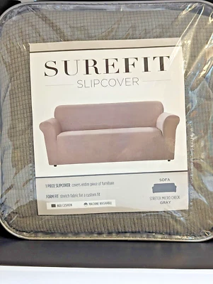 SureFit Sofa Slipcover 1 Piece Form Fit Stretch Box Cushion Micro Check Gray - Image 1 of 4