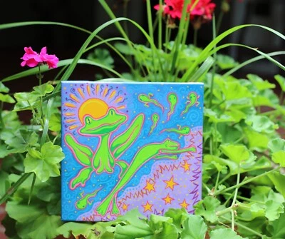Pintura de rana Happy Jump para amantes de las ranas | Pequeño arte original Foto 1 de 4